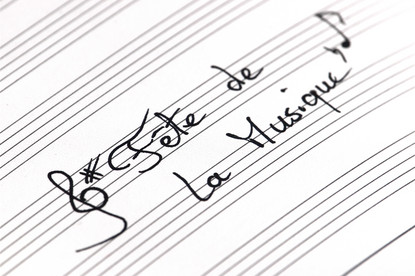 Das Bild zeigt den Schriftzug Fete de la Musique auf Notenpapier.